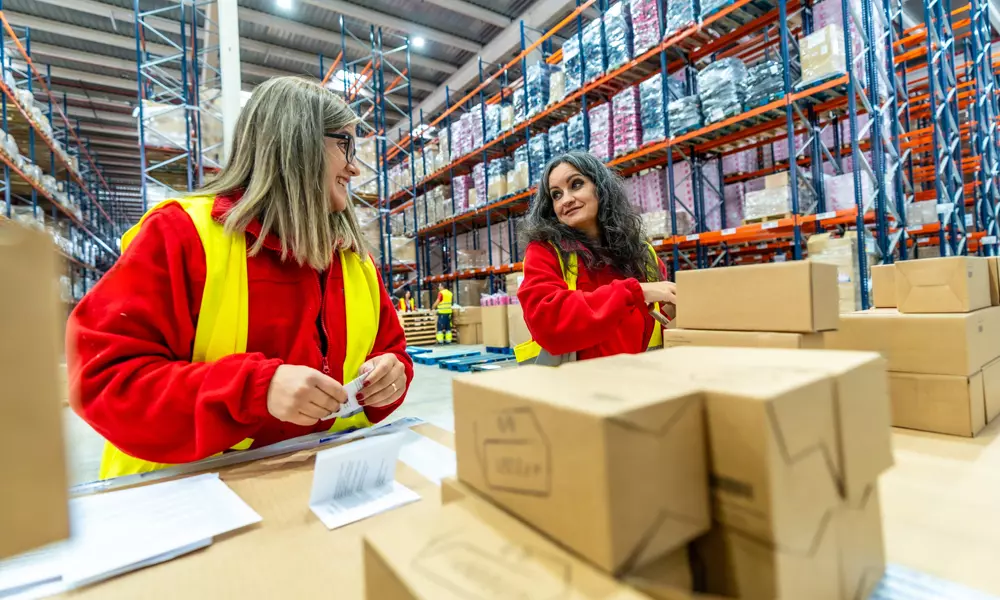 Empleados empaquetando mercaderia en deposito